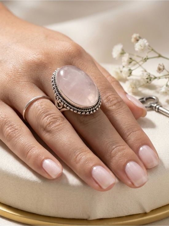 Jewelry - Rose Quartz Statement Ring | Sterling Silver Overlay | Boho Vintage Style Size 9